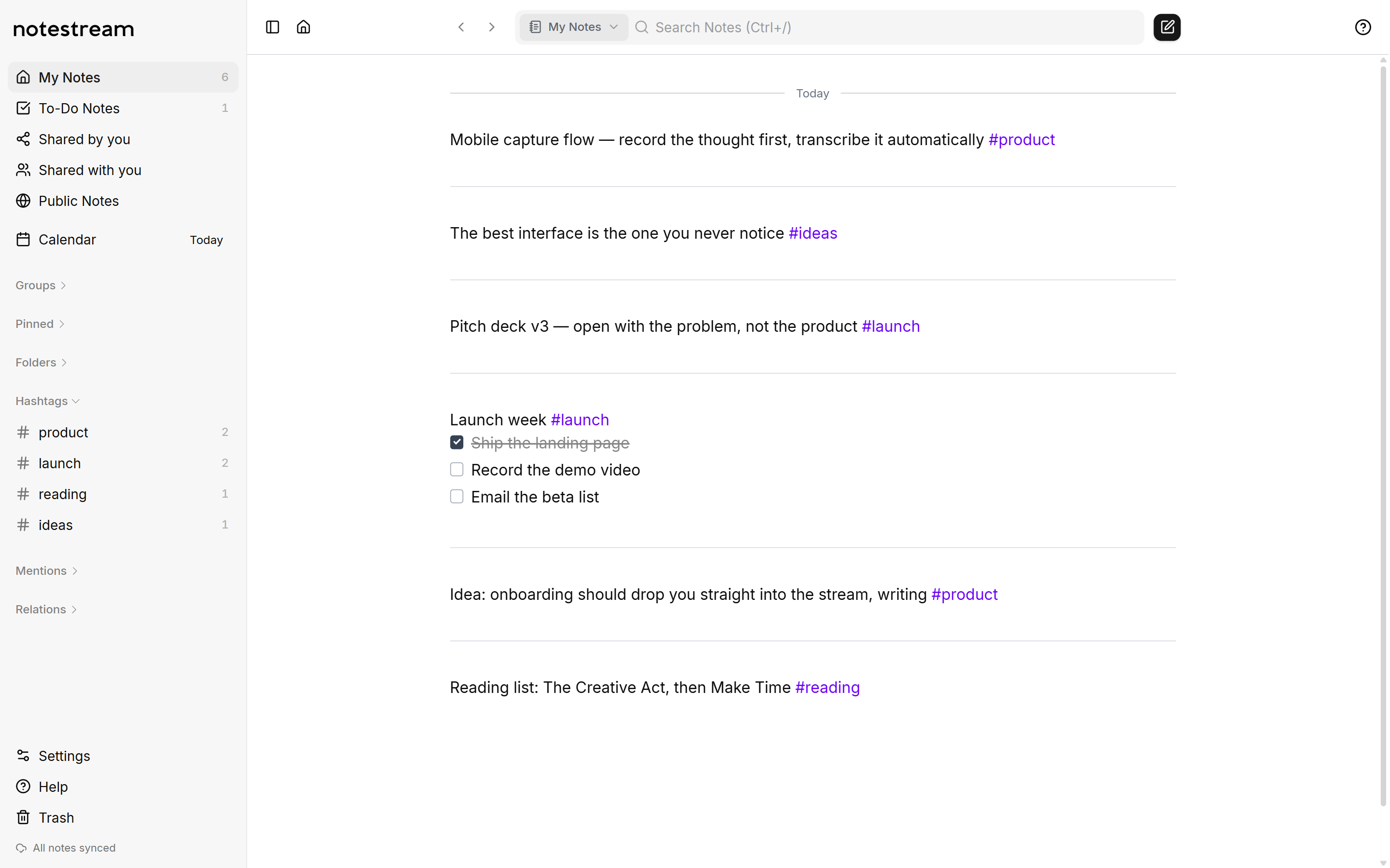 The NoteStream app: a stream of notes with hashtags and to-do checkboxes, next to a sidebar with filters, folders, and tags.
